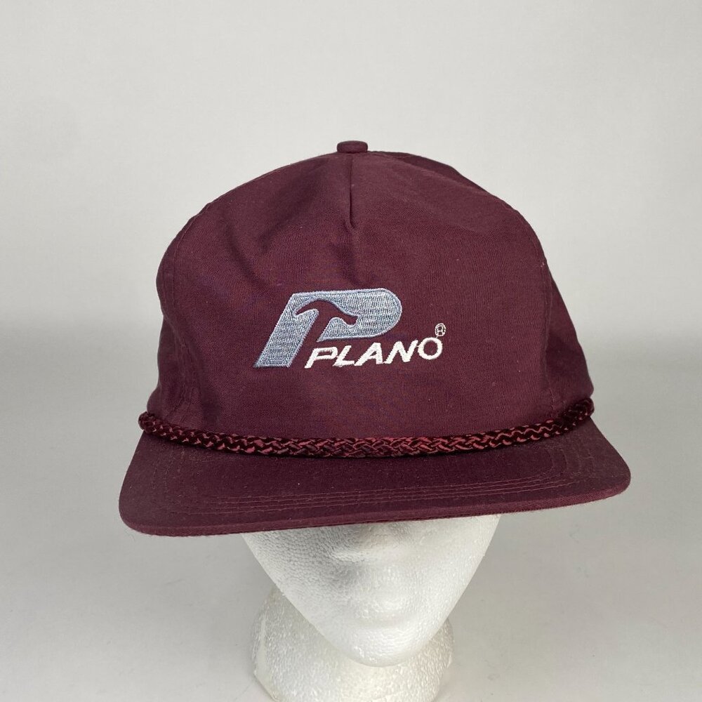 Vintage Plano Fishing Snapback Hat Braided Rope Detail Embroidered Logo Maroon